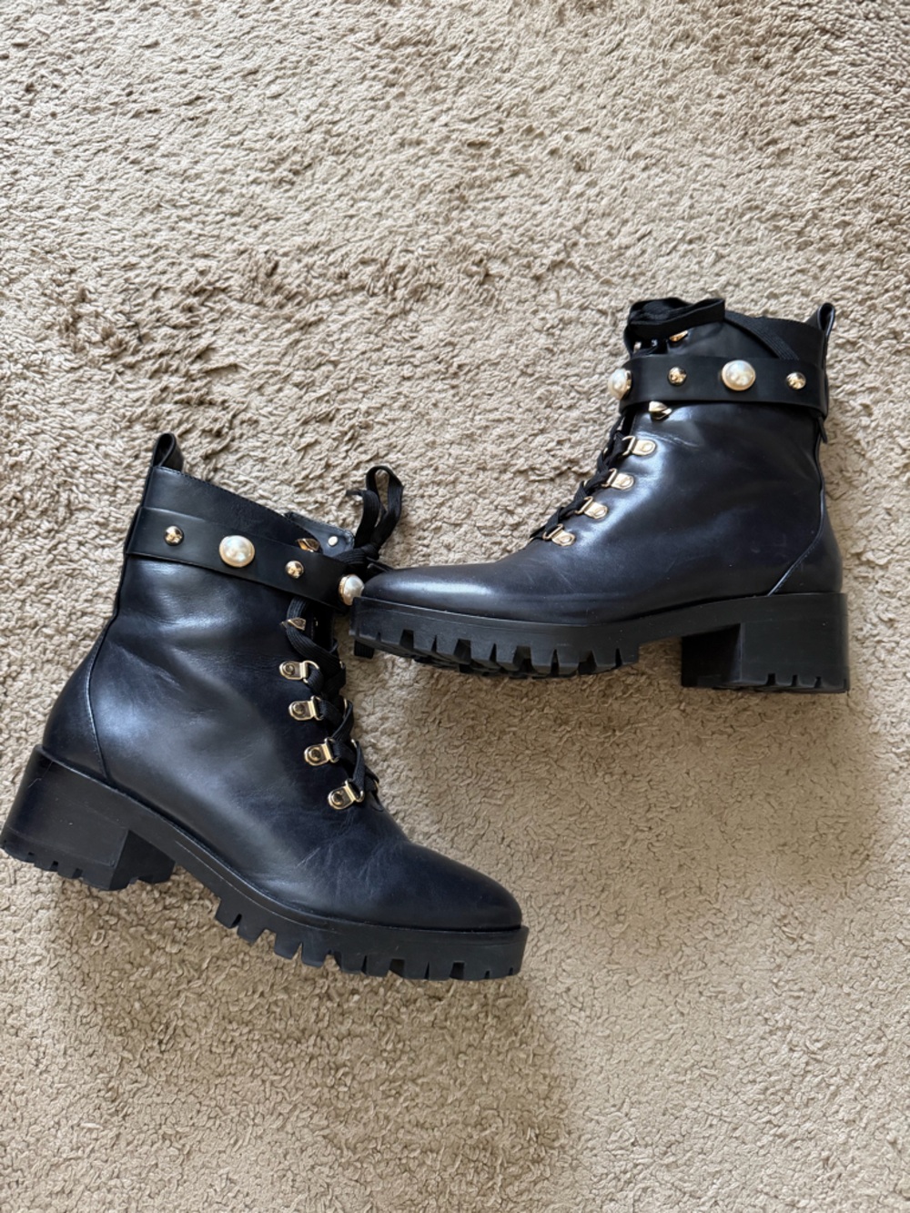 Karl Lagerfeld Black Lace-Up Chunky Ankle Boots with Gold & Pearl Accents